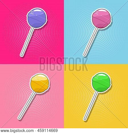 Lollipops. Set Of Colorful Stickers Featuring Sweet Lollipops On A Colorful Background. Round Candie