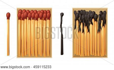 Burnt Match Stick With Fire And Matchbox. Set Of Boxes, Opened And Close Isplated On White Backgroun