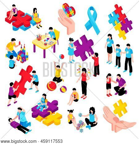 Autism Isometric Colorful Set With Behavior Difficulties Depression Communication Problems Hyperacti