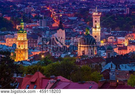 Night View Of Weastern European City Lviv, Architecture Background