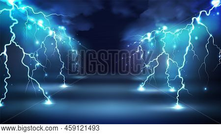 Realistic Lightning Bolts Flashes Composition With Images Of Clouds In Night Sky And Radiant Glowing