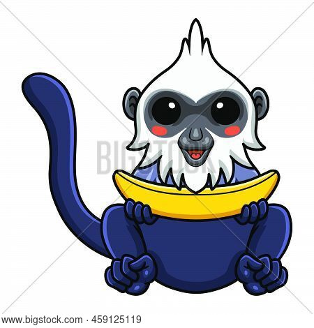 Vector Illustration Of Cute White Headed Langur Cartoon Holding A Banana