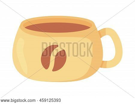Cup Or Mug Of Coffee. Ceramic Cute Mug With Coffe Bean Print. Stock Vector Illustration Isolated On 