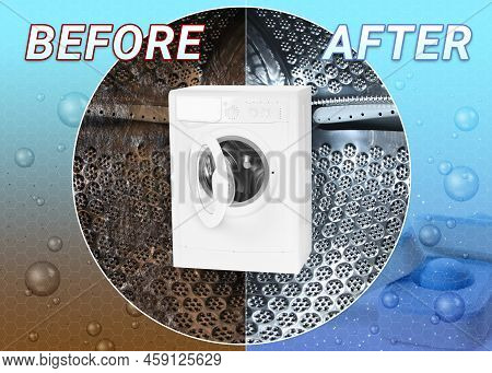 Drum Of Washing Machine Before And After Using Water Softener Tablet, Collage
