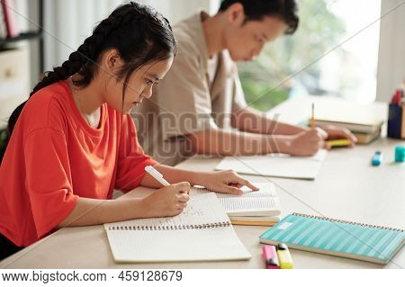 Concentrated Schoolgirl Reading Novel And Writing Synopsis In Copybook At English Class