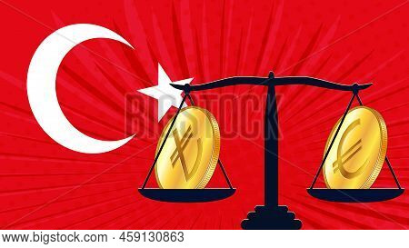 Gold Coin Of Turkish Lira Try And Euro Eur On Scales And Colored Flag Of Turkey On Background. Centr