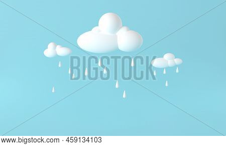 Weather Icon Rain 3d Rendering. Rain Clouds And Lightning On The Blue Background. 3d Cartoon Weather