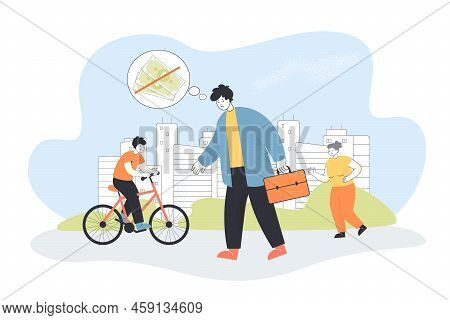 Sad Office Worker Thinking About Financial Loss. Bankrupt Man Walking In Street, Boy Cycling, Old Wo