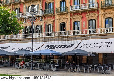 Pamplona, Spain - June 21, 2021: Outdoor Terrace Of Iruna Historic Coffee Shop Frequented By Ernest 