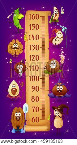 Kids Height Chart With Wizards And Magician Cartoon Nuts And Legumes, Vector Growth Measure Meter. P