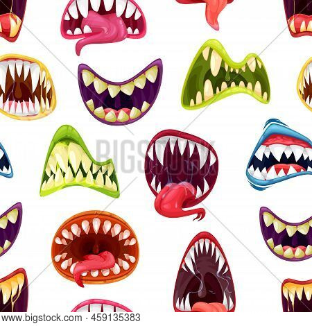 Cartoon Monster Mouths With Teeth Vector Seamless Pattern. Horror Background Of Scary Vampire Smiles