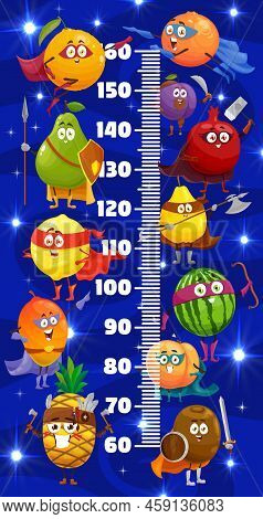 Kids Height Chart With Cartoon Superhero Fruits Characters, Vector Growth Measure Meter Ruler With C