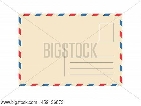 Vintage Airmail Postcard Back Template With Diagonal Blue And Red Stripe. Travel Post Card Blank Bac