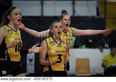 Istanbul, Turkey - February 15, 2022: Zehra Gunes, Isabelle Haak And Cansu Ozbay In Vakifbank Vs Asp