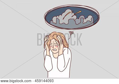 Unhappy Woman Worried About City Bombings. Unhealthy Stressed Female Think Of War Attack In Town. Ve