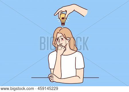 Frustrated Woman With Lightbulb Above Head Thinking Making Solution. Consumed Pensive Businesswoman 