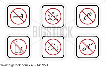 No Drug, Alcohol, Cigarette, Pill, Syringe, Gun Ak47 Line Icon Set. Narcotic, Weapon Forbidden Outli
