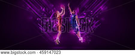 Creative Artwork With Two Young Female Basketball Players Playing Basketball Isolated On Dark Backgr