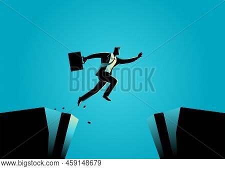 Silhouette Illustration Of A Businessman Jumps Over The Ravine. Challenge, Obstacle, Optimism, Deter