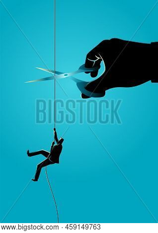 Business Concept Illustration Of A Businessman Climbing On Rope Meanwhile A Giant Hand With Scissors