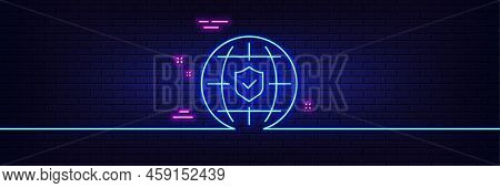 Neon Light Glow Effect. Global Insurance Line Icon. Travel Risk Coverage Sign. Policyholder Protecti