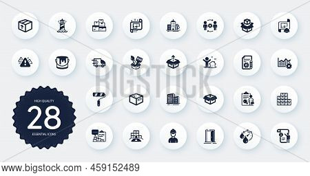 Set Of Industrial Icons, Such As Open Door, Skyscraper Buildings And Warning Flat Icons. Wholesale I
