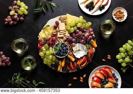 Autumn Cheese Board With Fresh Fruits And Berries Served With White Wine, Top View