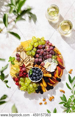 Autumn Cheese Board With Fresh Fruits And Berries Served With White Wine, Top View