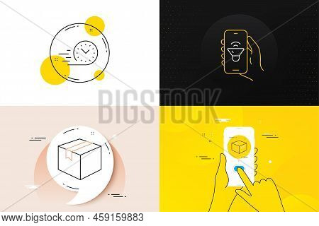 Minimal Set Of Fast Delivery, Office Box And Parcel Line Icons. Phone Screen, Quote Banners. Music A