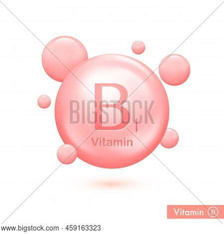 Vitamin B1 Pill Capcule Icon . Vitamin Complex Bubbles For Health Care Ads. Shining Pink Substance D