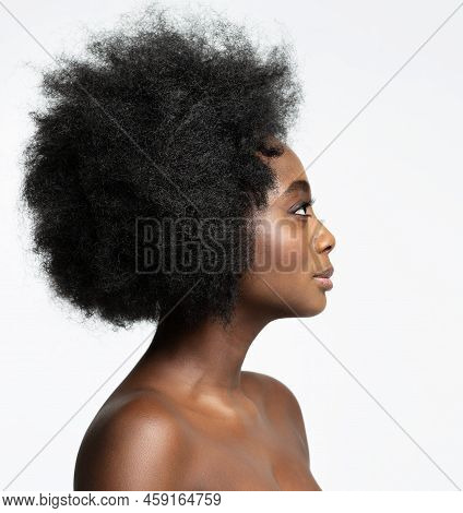 African Beauty Woman Face Profile. Natural Curly Afro Hairstyle Over White Isolated. Fashion Model W
