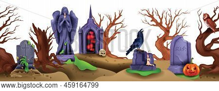 Halloween Graveyard Seamless Background, Ancient Stone Cross, Spooky Holiday Cemetery Landscape. Sca