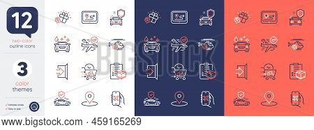 Set Of Food Delivery, Gift And Car Wash Line Icons. Include Flight Mode, Gps, Confirmed Flight Icons