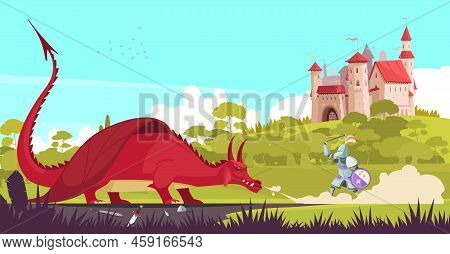 Medieval Legendary Knight Warrior Fighting Fierce Dragon Near Castle To Save Princess Fair Tale Cart