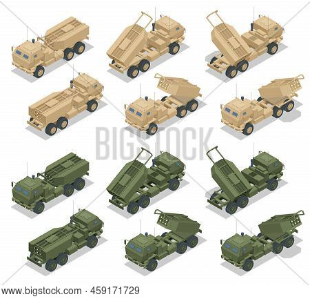 Isometric Rocket Salvo Fire System On A Wheeled Landing Gear. Rocket Artillery. Tactical Ballistic M