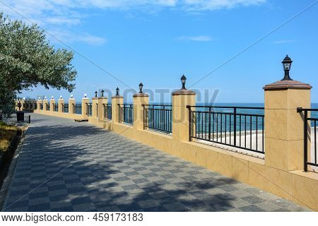 The Deserted Embankment Of The Golden Coast Beach In Odesa At The End Of July 2022. The Black Sea Co