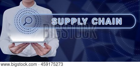 Hand Writing Sign Supply Chain. Word For System Of Organization And Processes From Supplier To Consu