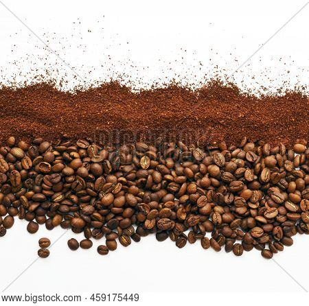 Coffee Beans And Ground Coffee On A White Background.