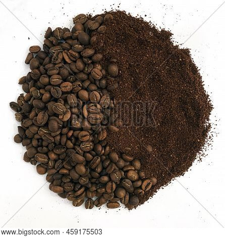 Coffee Beans, Ground Coffee. The Photo Shows Coffee Beans, Ground Coffee In The Shape Of A Circle On