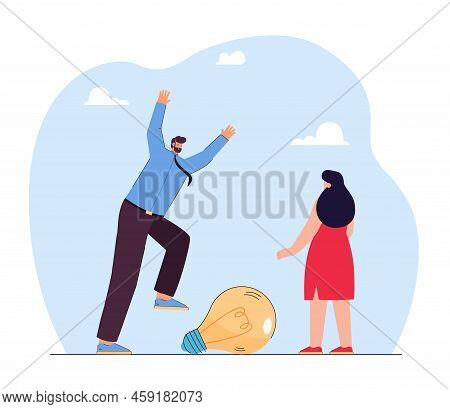 Female Worker And Boss Breaking Lightbulb. Man Ruining Or Stealing Idea Or Innovation Of Creative Wo