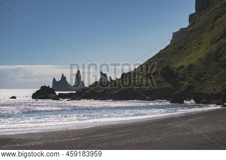 The Coast Of Reynisfjara Beach - Basalt Sea Stacks In Black Sand Beach