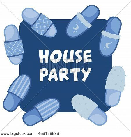 House Party Banner Design. Home Slippers On Doormat. Vector Illustration In Flat Cartoon Style.