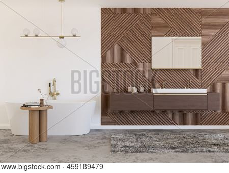 Beautiful, Light And Modern Bathroom. White Color And Wooden Texture. Bathtub, Washbasin. Home Inter