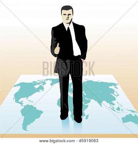 Forretningsmand stående på et verdens kort og strækker ud sin Hand.eps