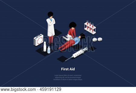First Aid Concept. Character Provides First Aid To Injured Human. First Aid Case And Syringe. Charac
