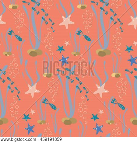 Pastel Seamless Pattern With Fish And Starfish For Summer Background In Nuatical Style. Flat Design 