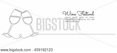 Continuous One Line Drawing Of Two Glasses Of Red Wine. Minimalist Holiday Concept Of Celebrate Toas
