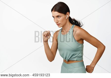 Serious Female Runner, Athlete Running Maraphon, Looking At Goal Finish, Jogging In Activewear, Whit