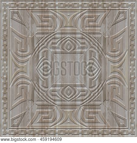 Wood Textured 3d Seamless Pattern. Square Frame. Emboss Ornamental Background. Vector Repeat Ancient