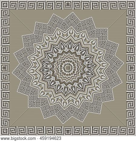 Textured Zigzag Mandala With Square Frame, Borders. Greek Embossed Style Vector Background. Repeat T